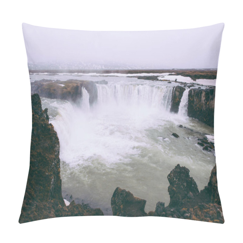 Personality  Wanderlust Explorer Discovering Icelandic Natural Wonders, Godafoss Waterfall. Pillow Covers