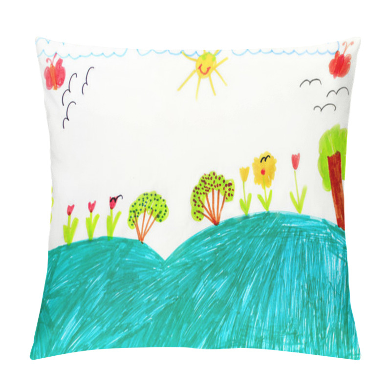 Personality  Childrens Drawing With Trees And Flowers Pillow Covers