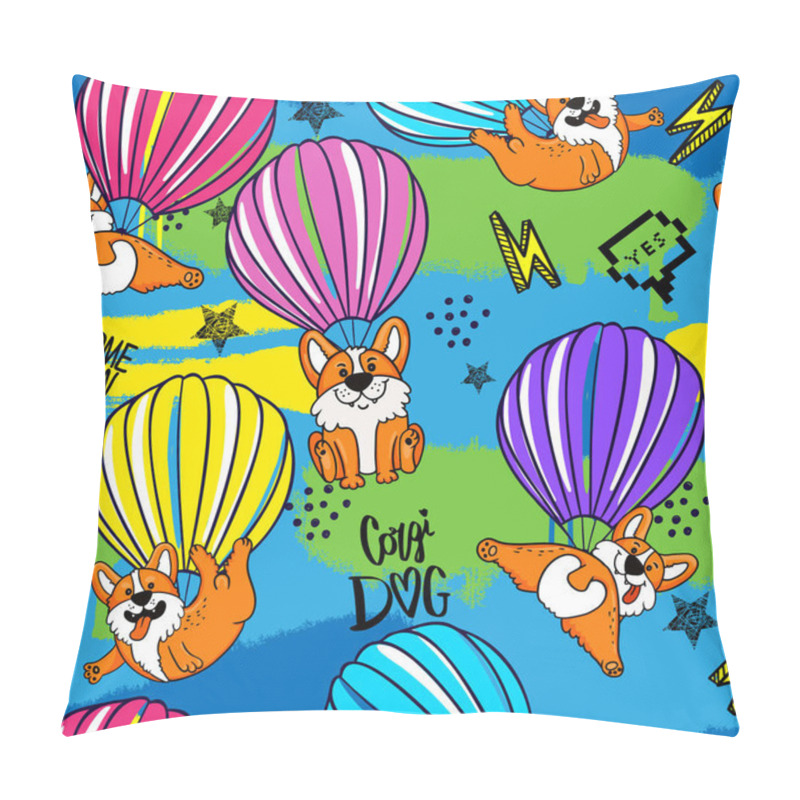 Personality  Cute Corgi Dogs With Hot Air Balloons. Seamless Pattern. Pillow Covers