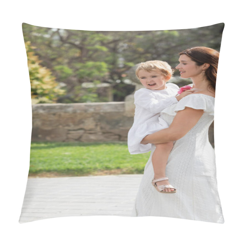 Personality  Woman In White Dress Carrying Toddler Daughter With Flowers In Valencia Pillow Covers