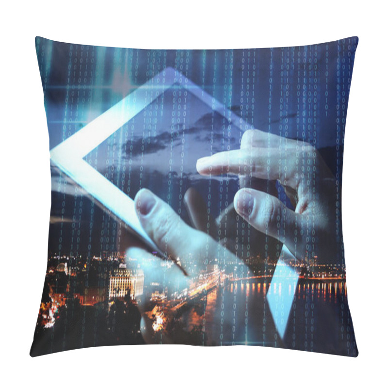 Personality  Multiple Exposure Of Female Programmer With Tablet, Digital Binary Code And Night Cityscape, Closeup  Pillow Covers