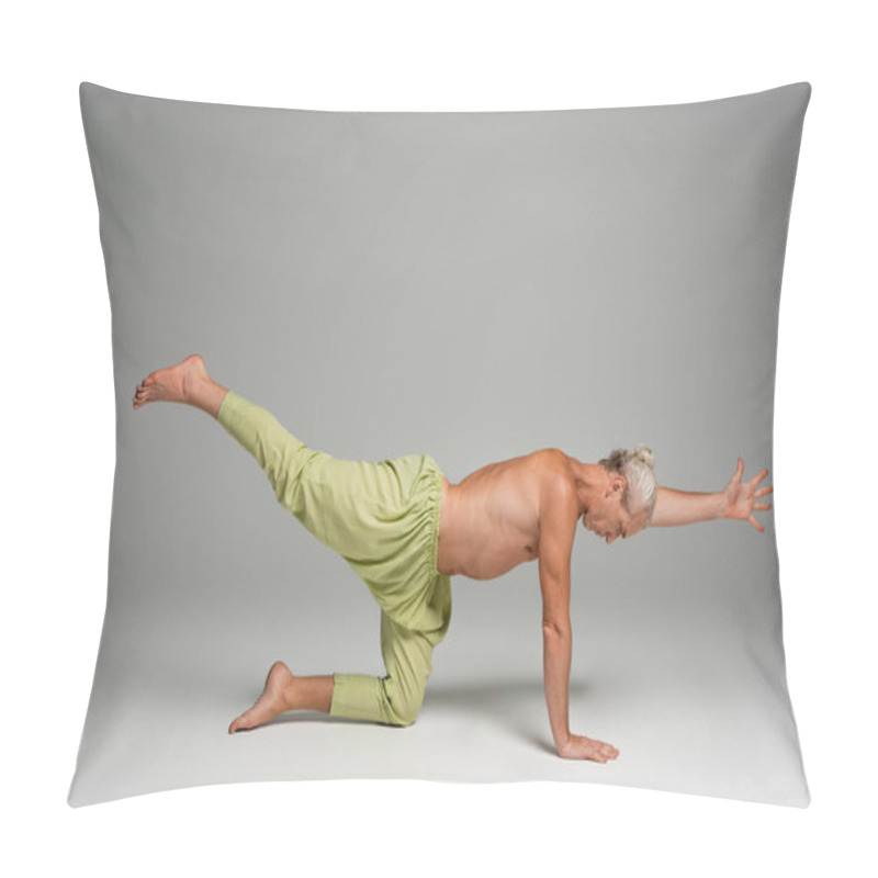 Personality  Full Length Of Barefoot Man In Pants Doing Tiger Yoga Pose On Grey  Pillow Covers