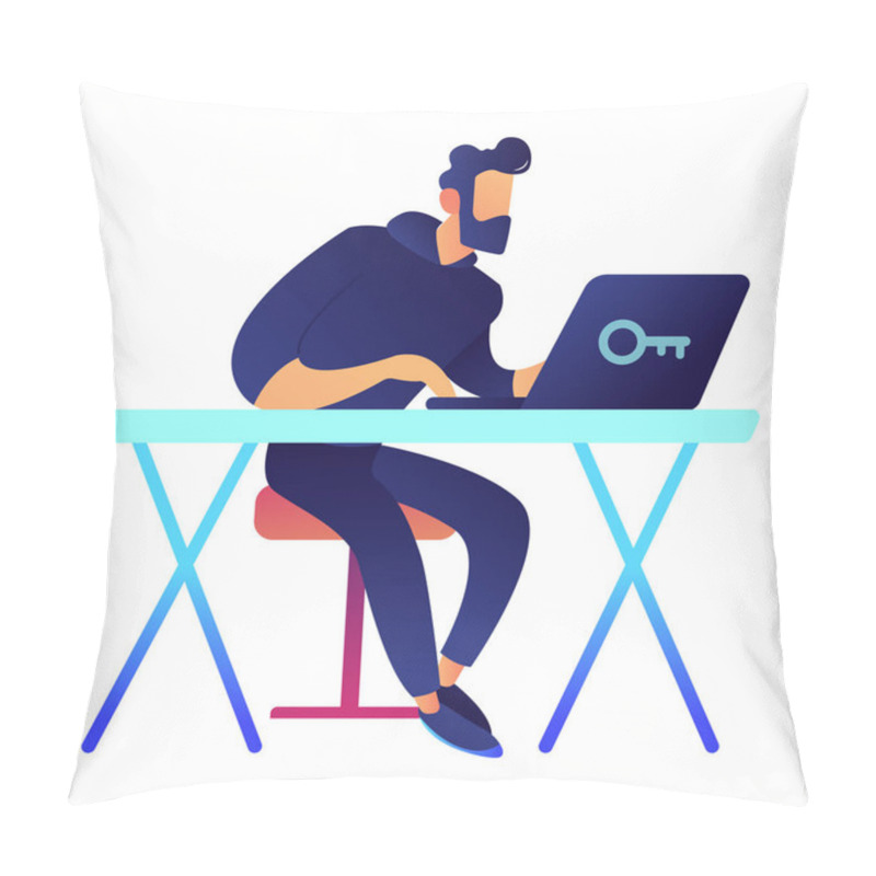 Personality  IT Specialist At Desk Working On Laptop Vector Illustration. Pillow Covers