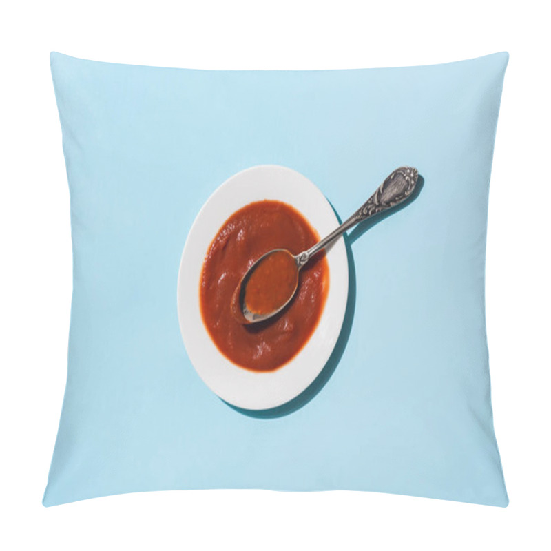 Personality  Top View Of Plate Of Delicious Tomato Sauce On Blue Surface Pillow Covers