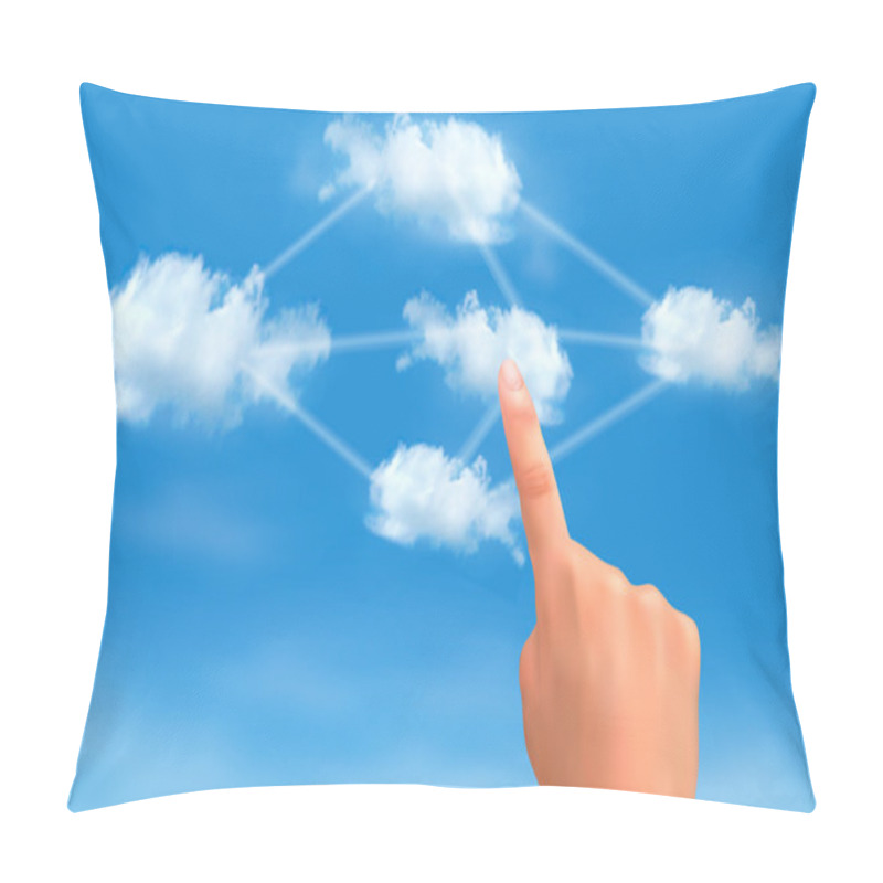 Personality  Cloud Computing Concept. Hand Touching Connected Clouds. Vector. Pillow Covers