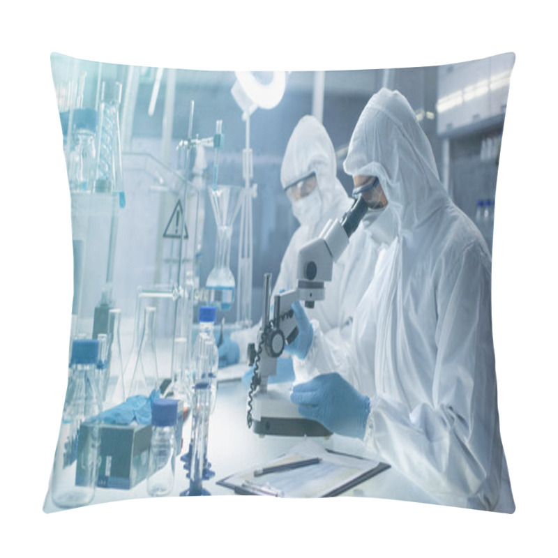 Personality  In A Secure High Level Laboratory Scientists In A Coverall Condu Pillow Covers