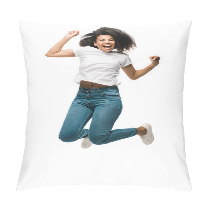 Personality  Happy African American Woman Gesturing While Celebrating And Jumping Isolated On White  Pillow Covers