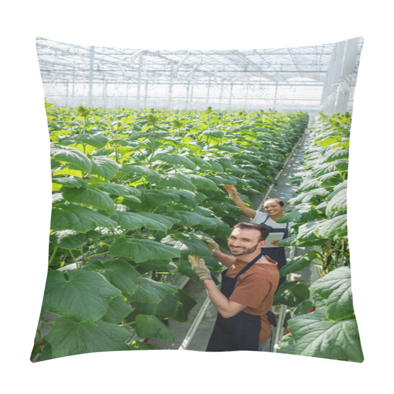 Personality  Happy Interracial Farmers Looking At Camera While Working In Greenhouse Pillow Covers