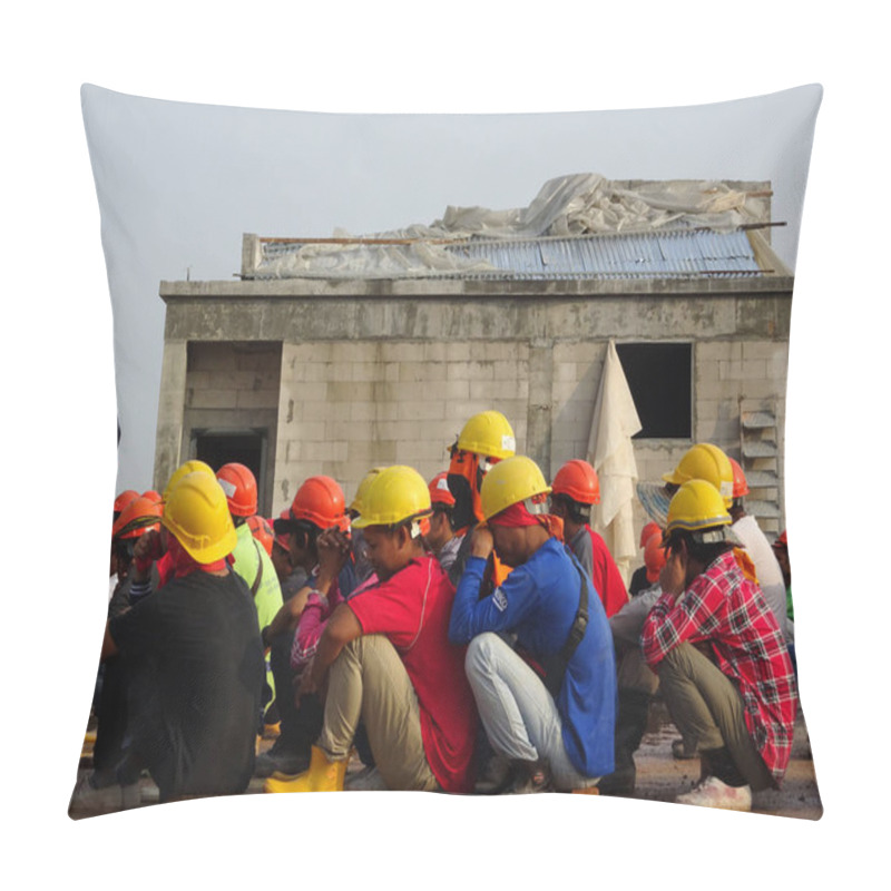 Personality  SELANGOR, MALAYSIA -JANUARY 5, 2020: Foreign Workers Gathered At The Construction Site Assembly Area To Hear A Morning Briefing. All Workers Are Required To Use PPE While Present. Pillow Covers