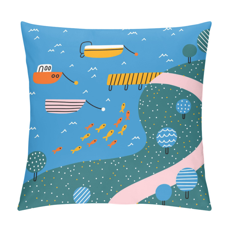 Personality  Cartoon Landscape With A Pier And Boats, A School Of Little Fish, Road With Cute Trees, Doodle Vector Illustration Pillow Covers