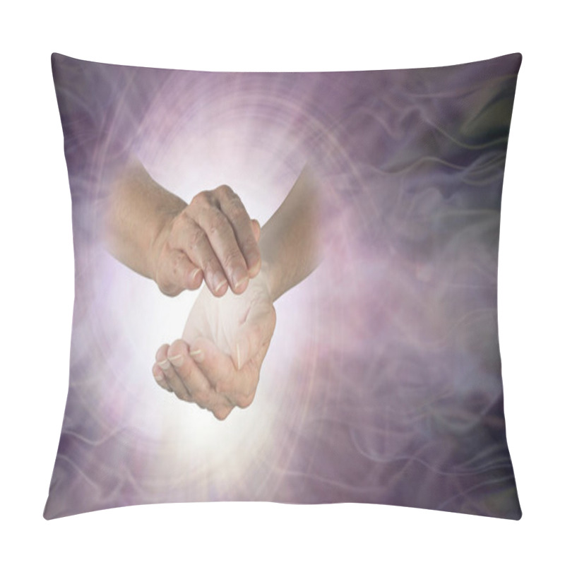 Personality  Channeling Vortex Spiral Between Hands - Female Cupped Hands With White Vortex Energy Between On A Wide Pink Purple Spiralling Light Burst Background With Copy Space Pillow Covers