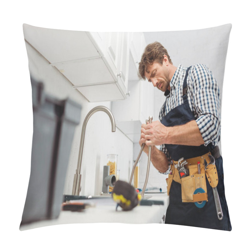 Personality  Selective Focus Of Plumber Holding Metal Pipe Near Kitchen Faucet And Tools On Worktop  Pillow Covers