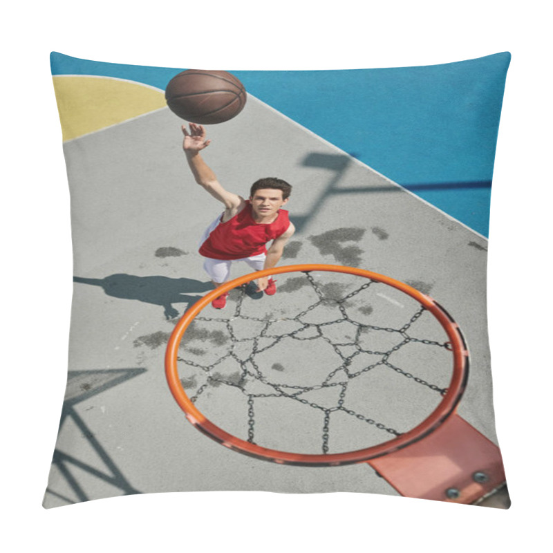 Personality  A Vibrant Young Man In A Red Shirt Dribbles A Basketball With Focus And Determination On A Sunny Day. Pillow Covers