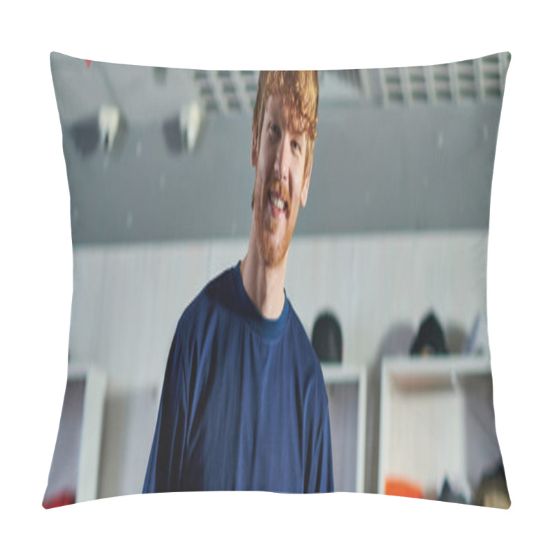 Personality  Portrait Of Young Redhead Craftsman In Casual Clothes Looking At Camera While Standing In Blurred Print Studio At Background, Self-made Success Concept, Banner  Pillow Covers