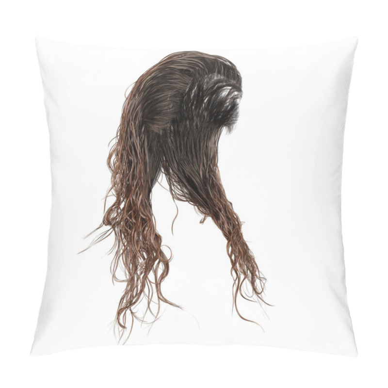 Personality  Brown Long Wet Hair On Isolated White Background, 3D Render, 3D Illustration Pillow Covers