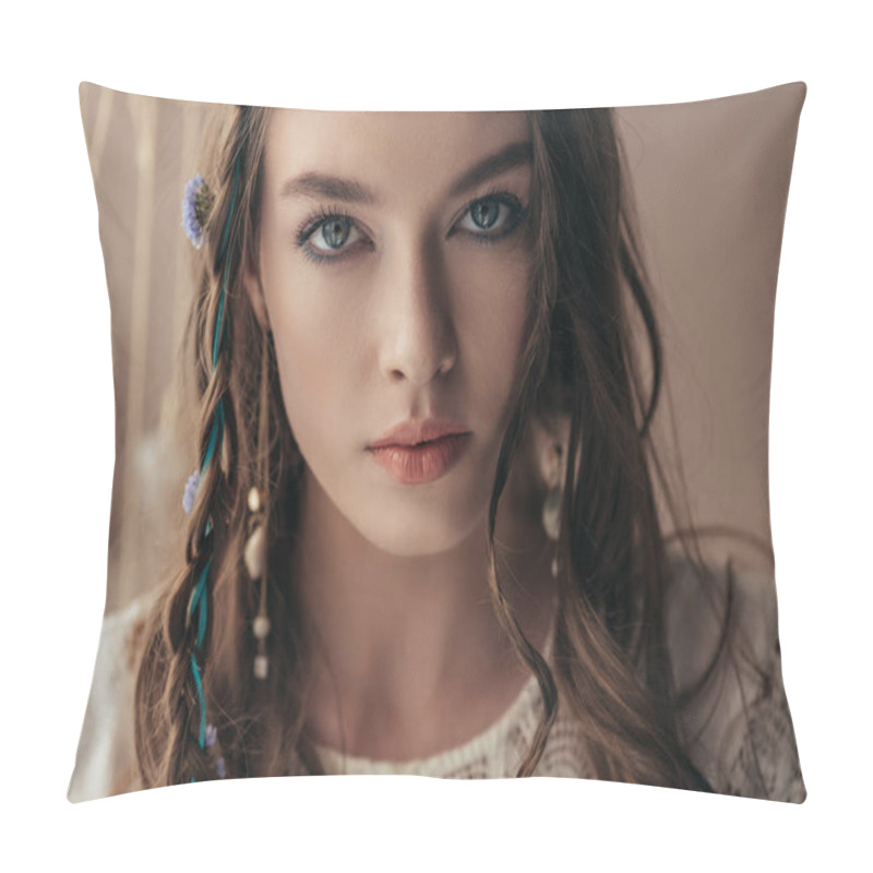 Personality  Beautiful Tender Girl With Braids In White Boho Dress On Beige Pillow Covers