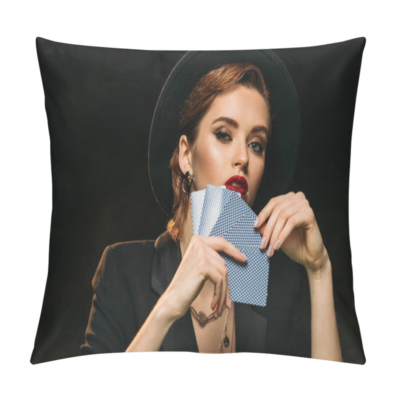 Personality  Beautiful Girl In Jacket And Hat Covering Face With Poker Cards And Looking At Camera Isolated On Black Pillow Covers