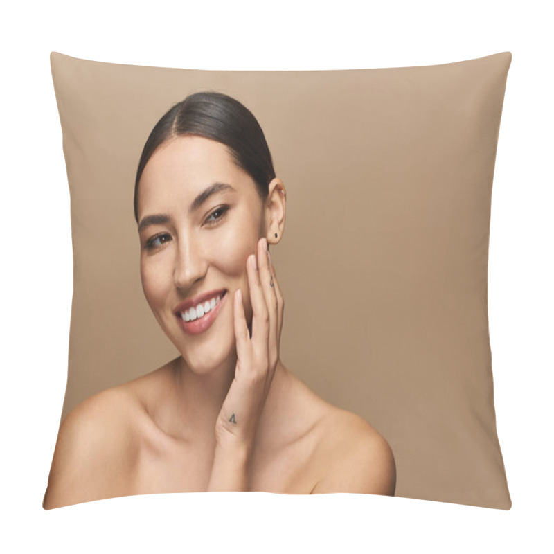 Personality  Beautiful Brunette Woman Smiles While Gently Touching Her Face In A Serene, Natural Setting. Pillow Covers