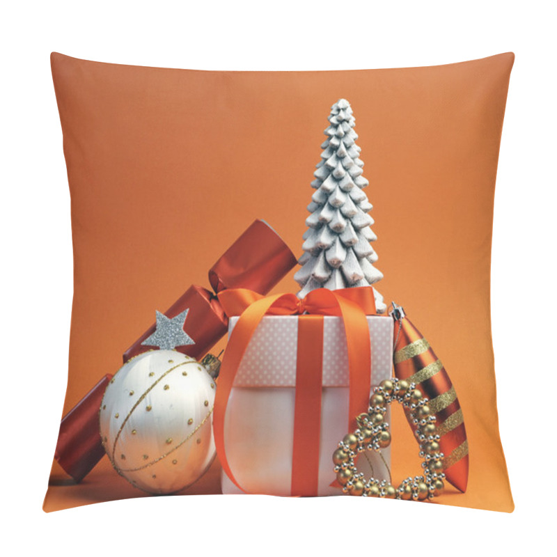 Personality  Orange Theme Christmas Tree, Gift And Baubles Festive Holiday Still Life. Pillow Covers