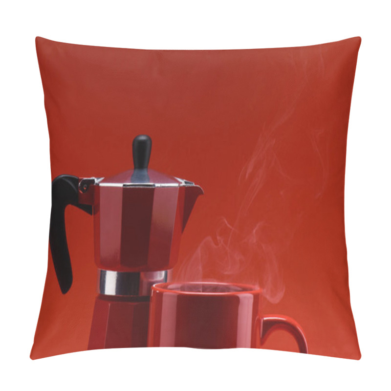 Personality  Close Up View Of Red Cup Of Coffee And Coffee Maker Isolated On Red Pillow Covers