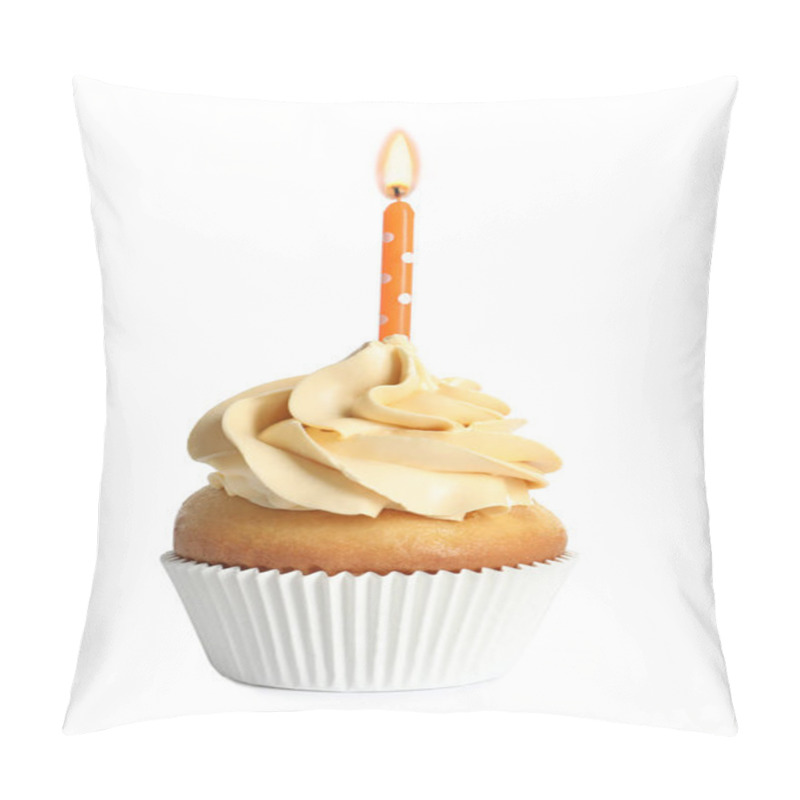 Personality  Delicious Birthday Cupcake With Candle On White Background Pillow Covers