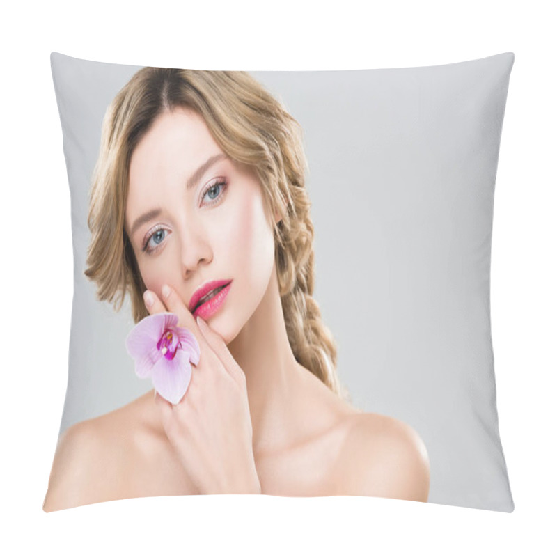 Personality  Attractive Girl Holding Flower Near Face Isolated On Grey Pillow Covers