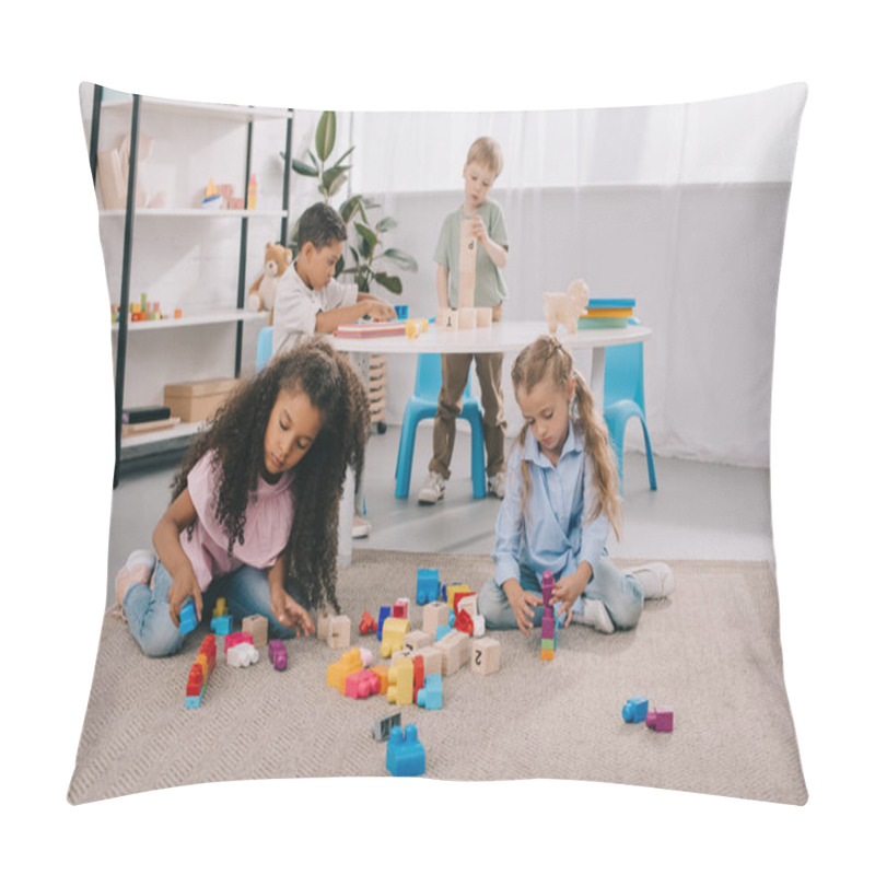 Personality  Focused Multiracial Preschoolers Playing With Wooden Blocks In Classroom Pillow Covers