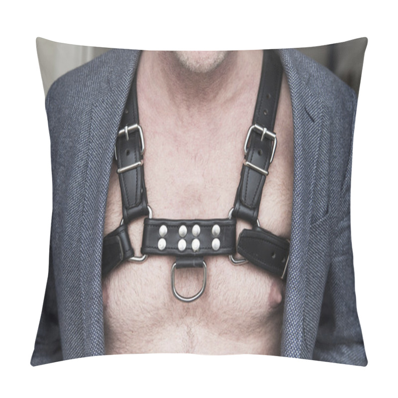 Personality  Close-up Of Man's Chest Wearing Leather Harness And Jacket Pillow Covers