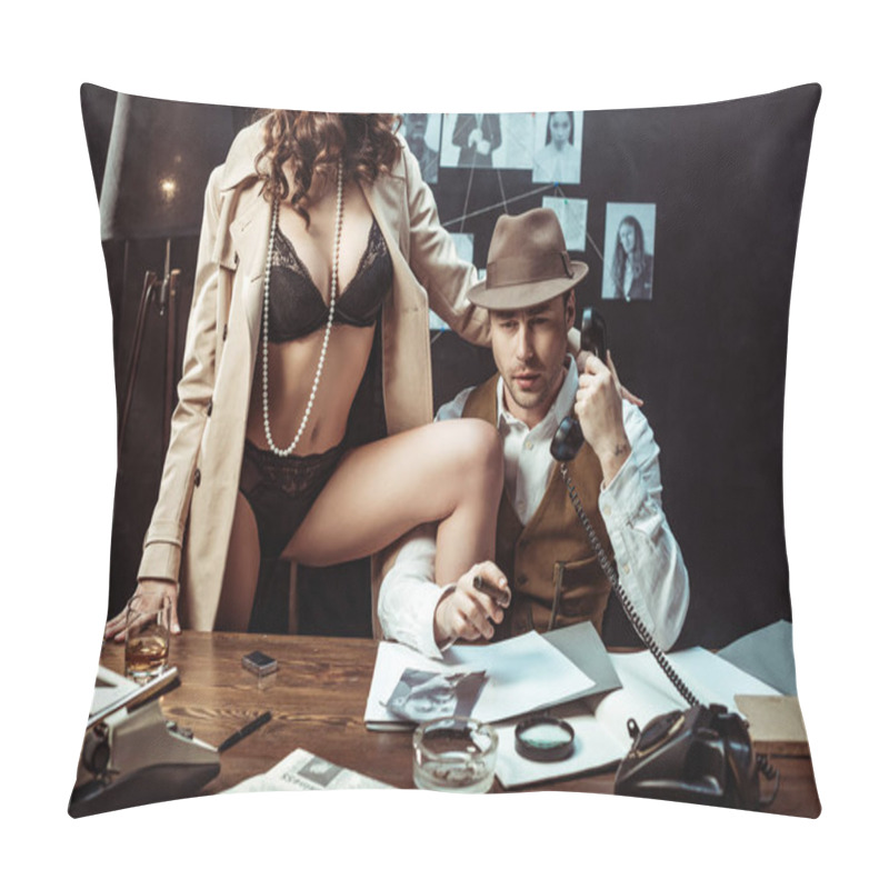 Personality  Sexy Woman In Black Lingerie And Trench Coat Seducing Detective In Dark Office Pillow Covers