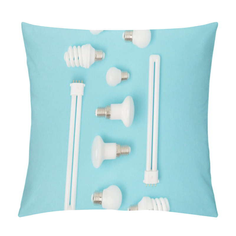 Personality  Flat Lay With Arranged Various Light Bulbs Isolated On Blue Pillow Covers