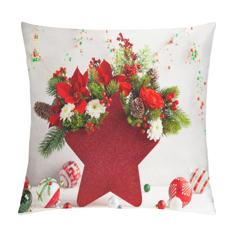 Personality  Festive Winter Flower Arrangement In Vase Of Red Star Shape And Christmas Baubles On Table. Christmas Flower Composition For Holiday. Pillow Covers