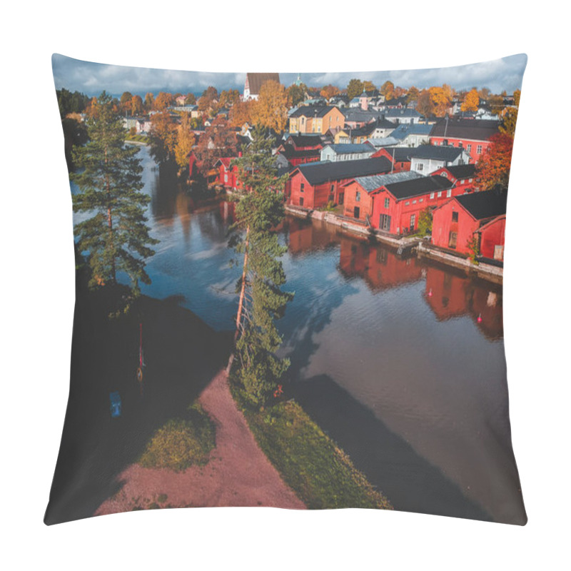 Personality  Aerial View Of The Old Red House And Barns By The River. Photo Taken From A Drone. Finland, Porvoo. Pillow Covers