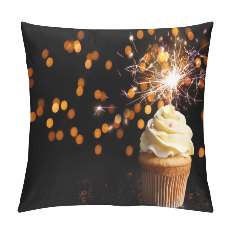 Personality  Beautiful Birthday Cupcake With Sparkler On Black Table Against  Pillow Covers