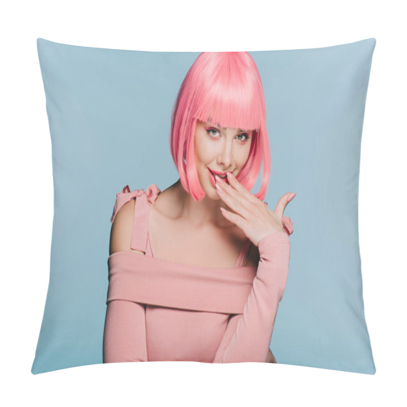 Personality  Fashionable Surprised Girl Posing In Pink Wig Isolated On Blue Pillow Covers