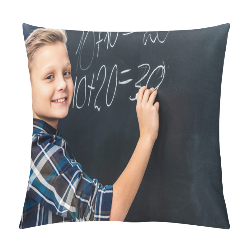 Personality  Smiling Boy Writing Math Example On Blackboard With Chalk And Looking At Camera Pillow Covers