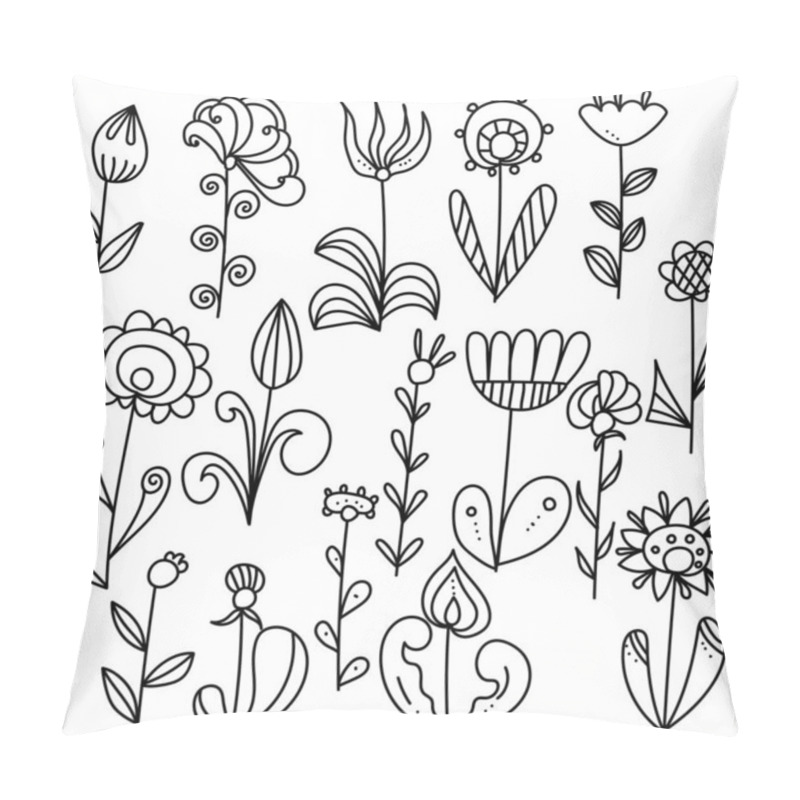 Personality  Set Of Fantasy Doodle Flowers With Leaves, Shading And Petals Of Various Shapes, Vector Outline Illustration For Design And Creativity Pillow Covers