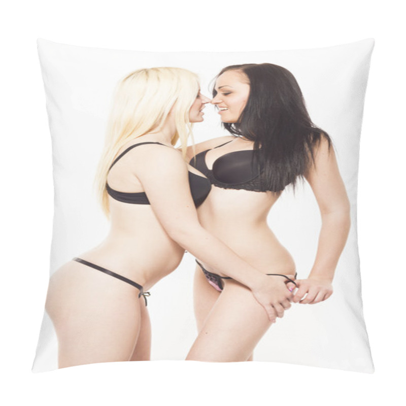 Personality  Sexy Young Lesbian Couple On White Isolated Background Pillow Covers