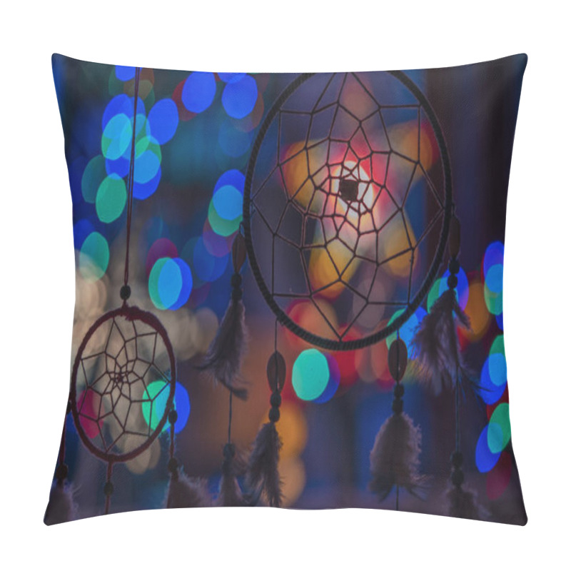 Personality  Lovely Mystical Dream Catchers Silhuettes On Vibrant Blue And Green Bokeh Background  Pillow Covers