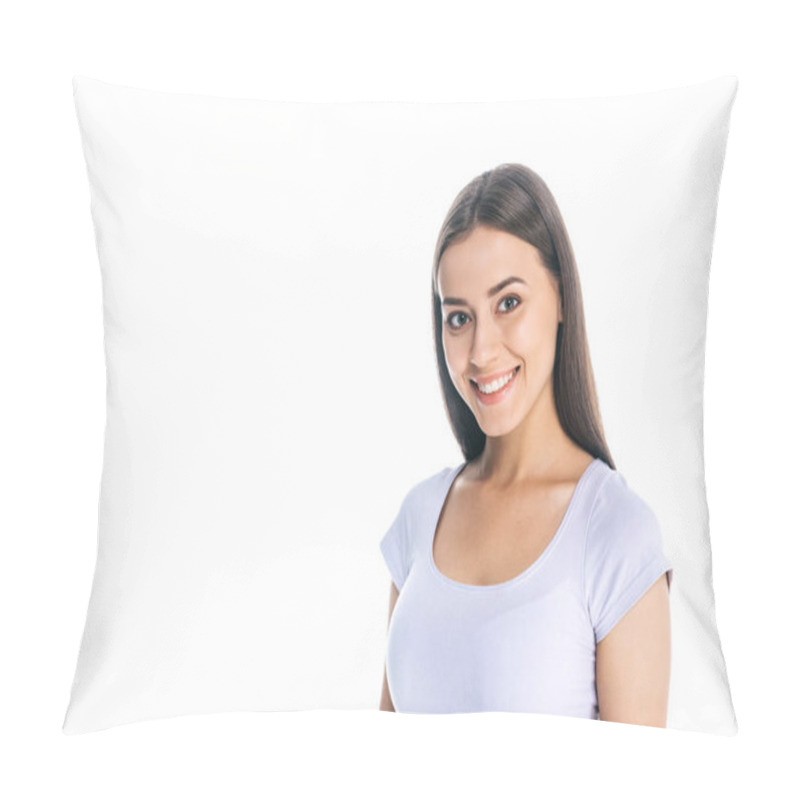 Personality  Portrait Of Smiling Pretty Woman Looking At Camera Isolated On White Pillow Covers