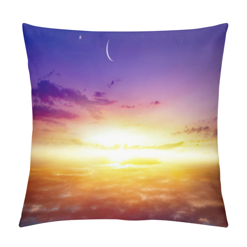 Personality  Crescent Moon With Beautiful Sunset Background . Generous Ramadan . Light From Sky . Religion Background .   Pillow Covers