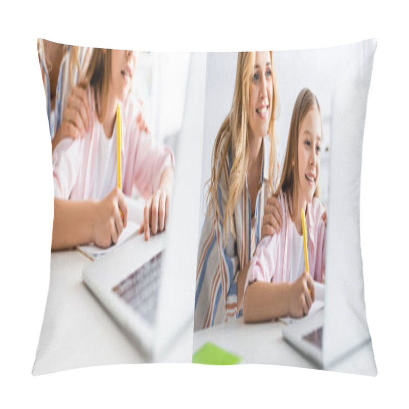 Personality  Collage Of Smiling Mother Embracing Daughter During Online Education  Pillow Covers