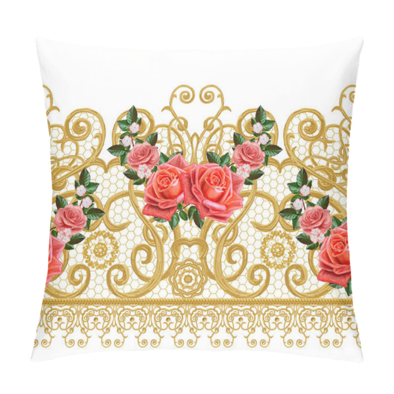 Personality  Seamless Pattern. Golden Textured Curls. Oriental Style Arabesques. Brilliant Lace, Stylized Flowers. Openwork Weaving Delicate, Golden Background, Composition, Garland Of Orange Roses. Pillow Covers