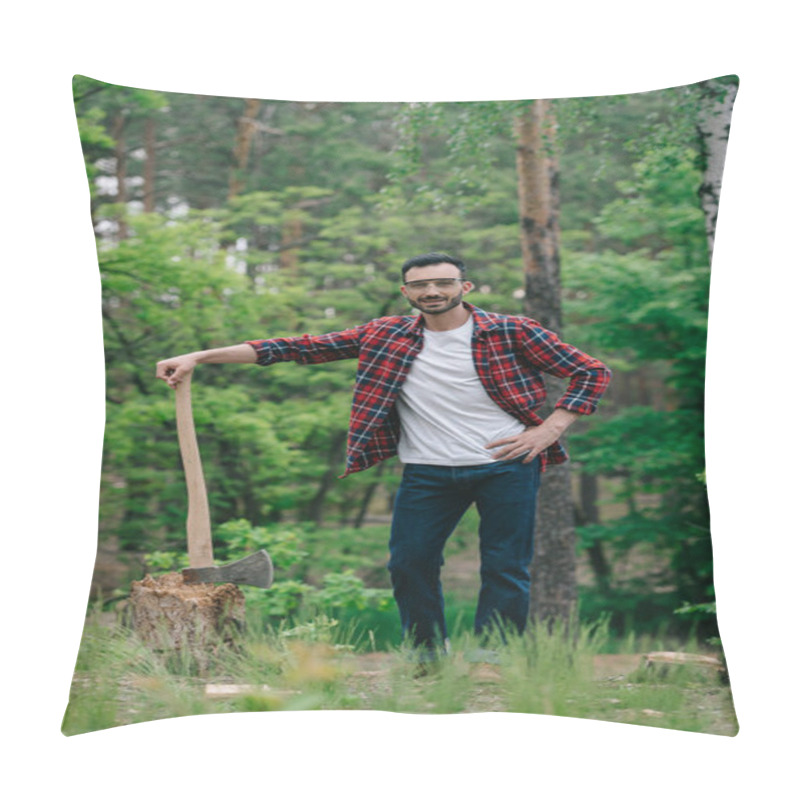 Personality  Cheerful Lumberjack In Plaid Shirt And Denim Jeans Holding Ax While Standing With Hand On Hip And Smiling At Camera Pillow Covers