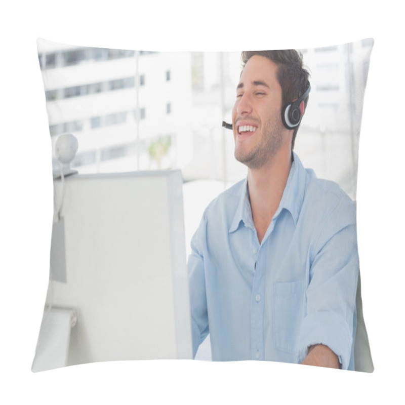 Personality  Happy Designer Laughing During An Online Communication Pillow Covers