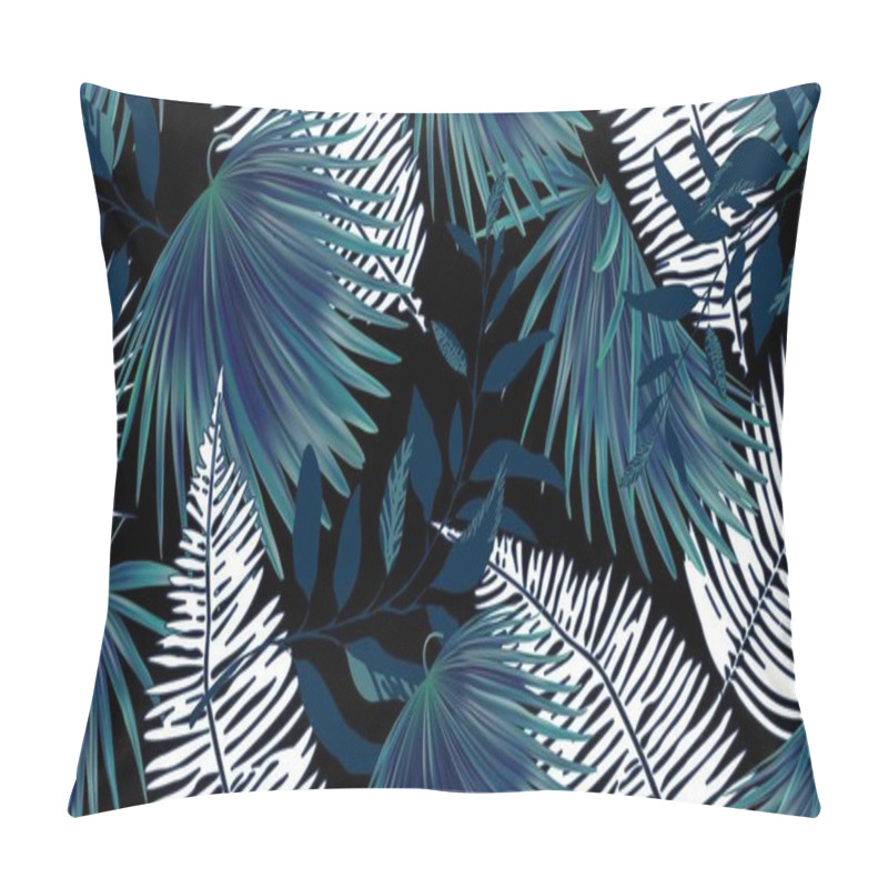 Personality  Exotic Tropical Vector Background With Hawaiian Plants And Flowers. Seamless Indigo Tropical Pattern With Monstera And Sabal Palm Leaves, Guzmania Flowers. Pillow Covers