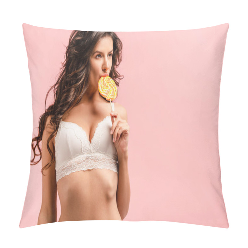 Personality  Front View Of Sexy Woman Looking Away And Sucking Lollipop Isolated On Pink Pillow Covers