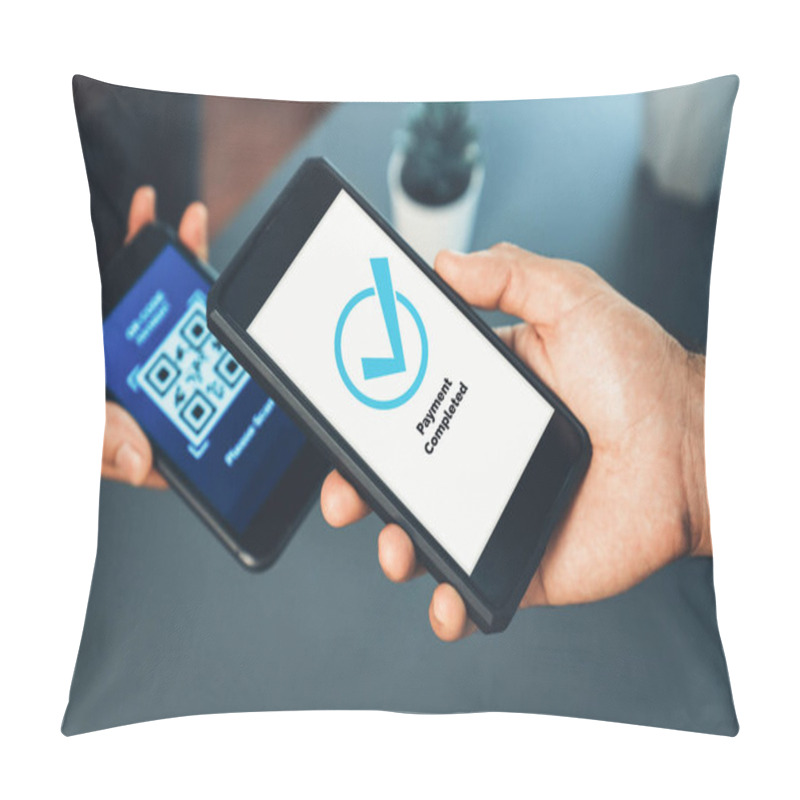 Personality  QR Code Displayed On Screen For Cashless Payment Scanning. Closeup Hands Hold Smartphone To Transfer Money By Electronic Transaction From Mobile App. Bar Code Technology For Fast Payment. Fervent Pillow Covers