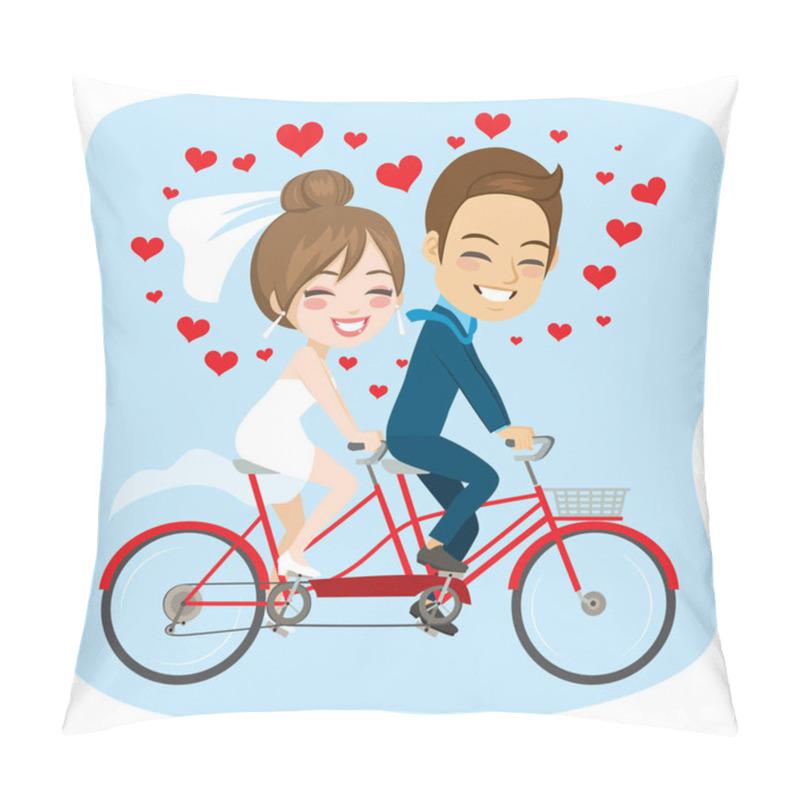 Personality  Young Newlywed Couple Riding On Tandem Bicycle Just Married Concept Pillow Covers