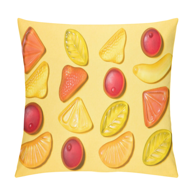 Personality  Top View Of Various Gummy Fruits On Yellow Surface Pillow Covers