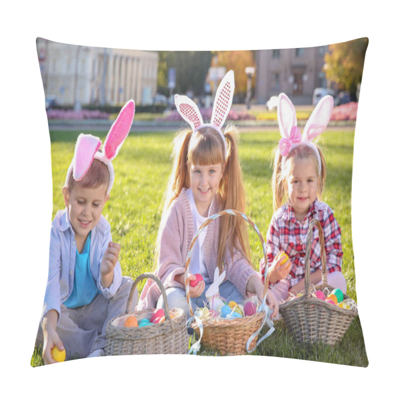 Personality  Cute Little Children With Bunny Ears And Baskets Of Easter Eggs In Park Pillow Covers